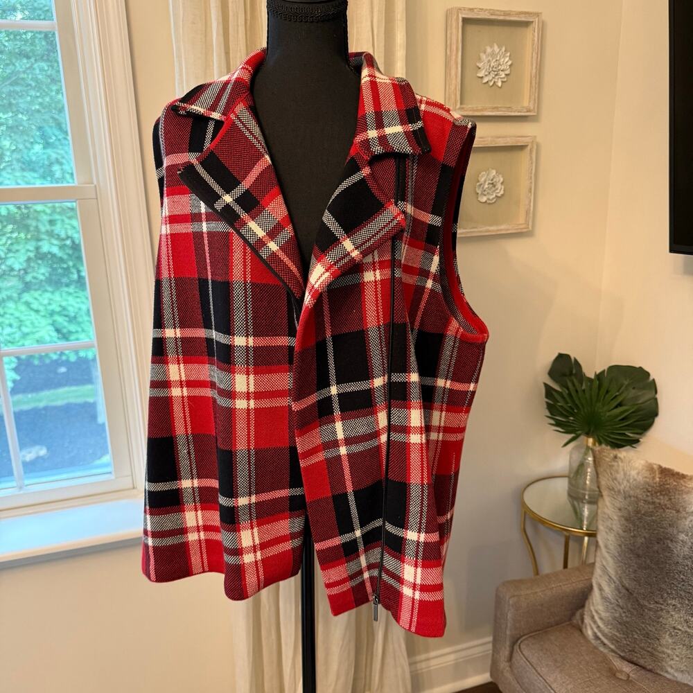 Woman’s red plaid vest with zipper